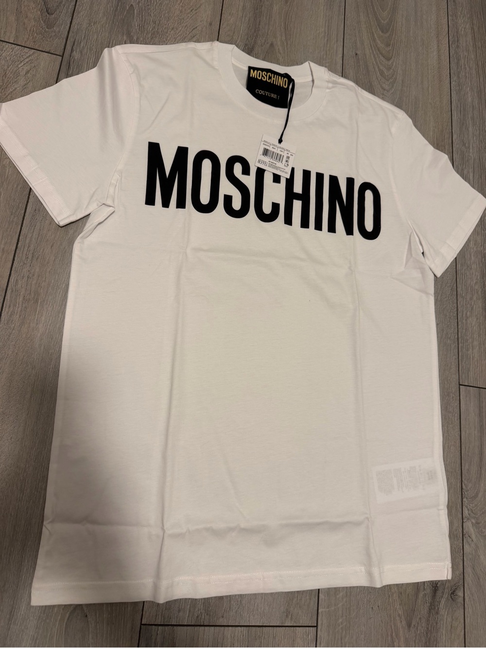 Moschino White Short Sleeve Logo Tee with Black Print